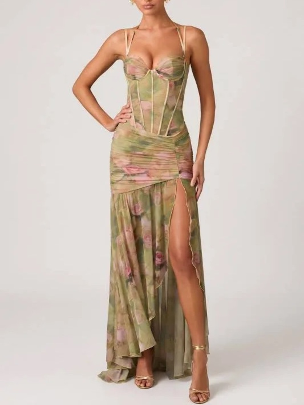 Oh Polly Olive and Pink Floral Corset High-Low Dress
